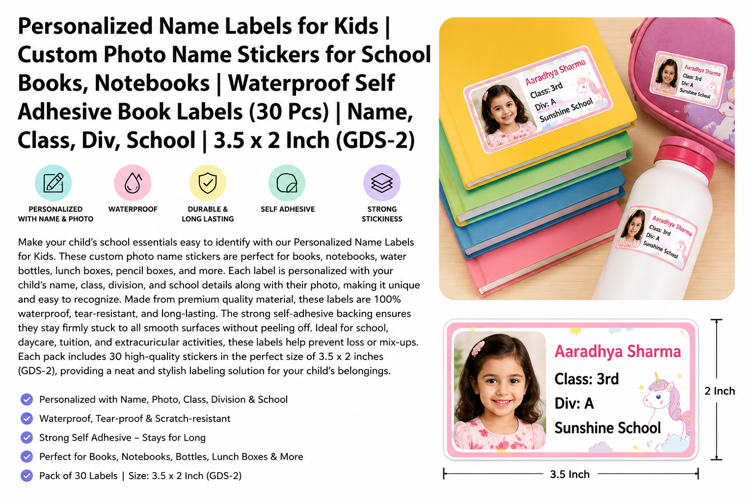 Personalized Name Labels for Kids with Photo – Waterproof Custom School Book Stickers (30 Pcs) | Name, Class, Division & School Labels | Self-Adhesive Book Name Tags